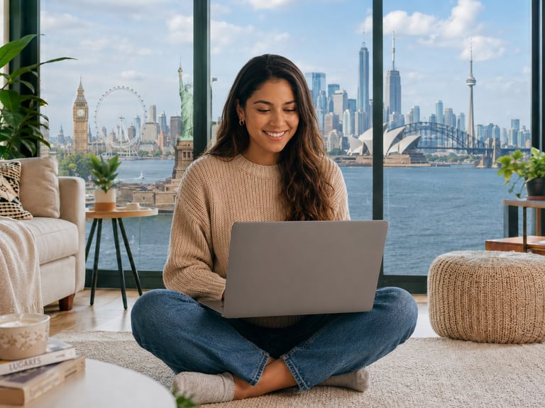Woman sitting cross-legged on floor with laptop, smiling, overlooking a city skyline with waterfront and iconic landmarks through large windows