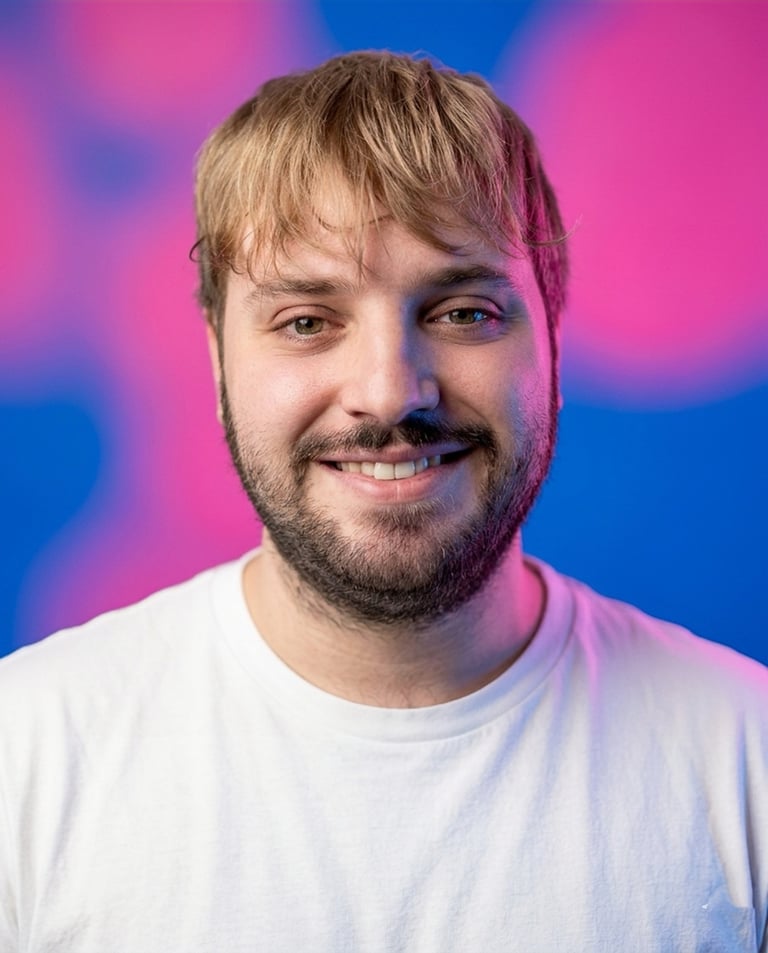Smiling man with blonde hair and beard wearing a white t-shirt against a colorful pink and blue gradient background