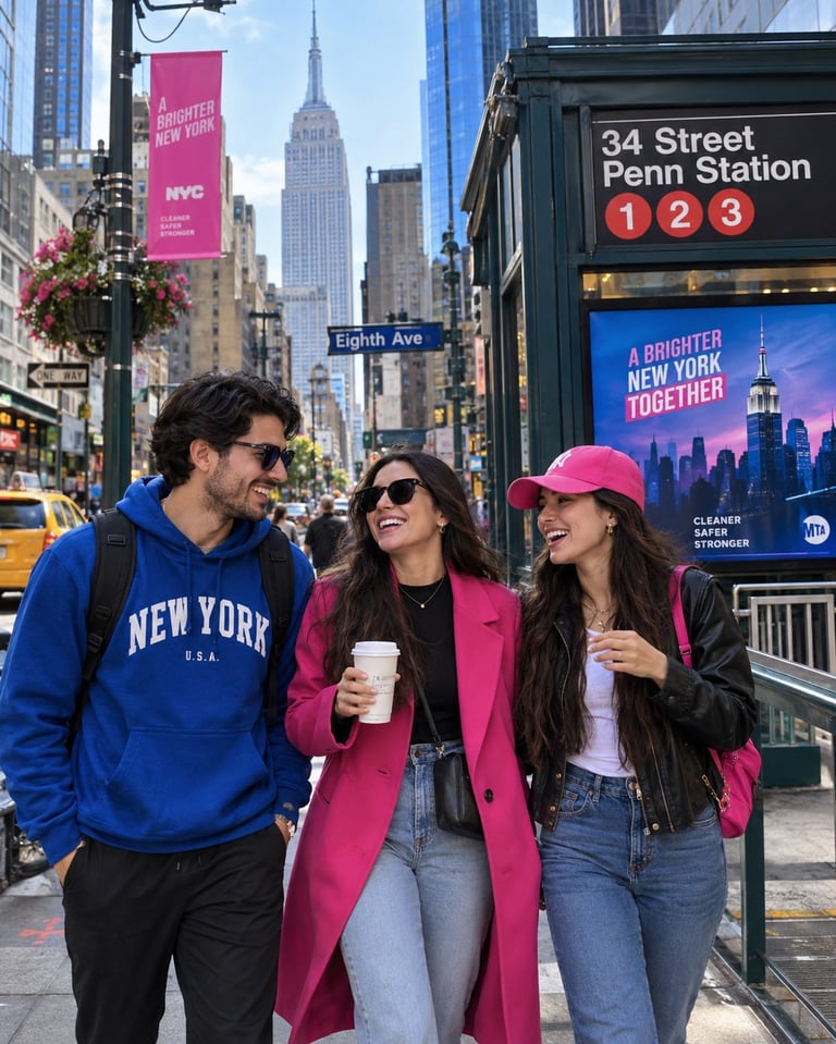 Three friends walk through Times Square in New York City, passing the 34 Street Penn Station subway sign with the Empire State Building visible in the background.