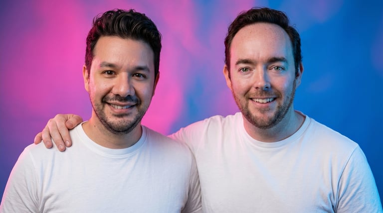 James y Erick, los fundadores de Habla Bonito, sonriendo a la cámara con brazos alrededor del otro sobre un fondo degradado rosa y azul