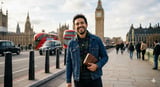 Man in denim jacket holding a book on a London street with Big Ben and red double-decker buses in the background