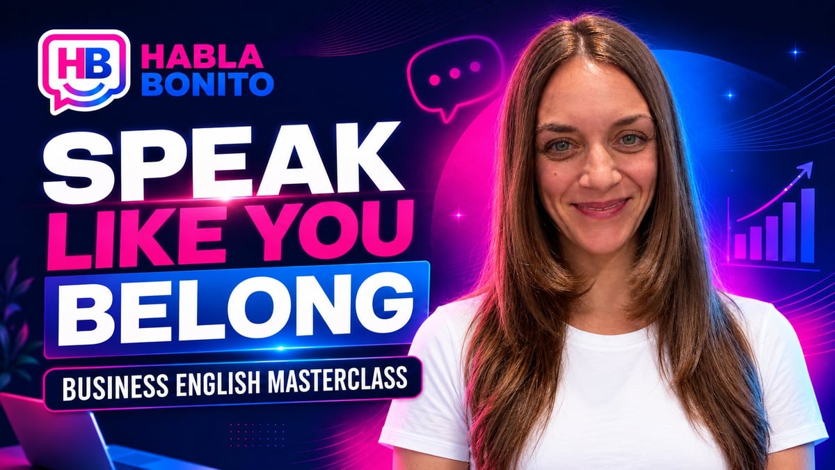 Woman in white shirt with dark hair smiling at camera with neon pink and blue graphic design background promoting Business English Masterclass course