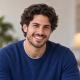 Smiling man with curly dark hair wearing a blue sweater against a blurred indoor background