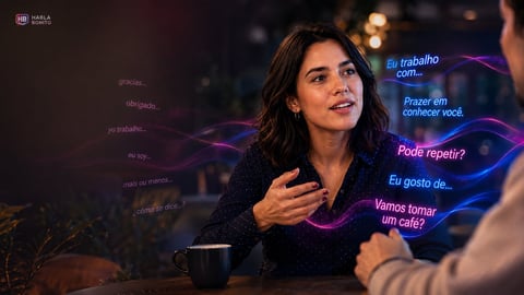 Woman with dark hair speaking animatedly during a conversation with neon Portuguese text overlay about work and relaxation