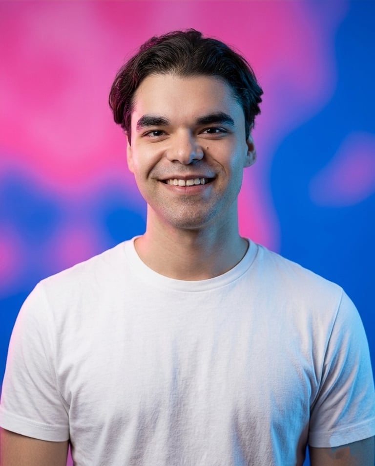 Young man with dark hair smiling at camera wearing white t-shirt against vibrant pink and blue gradient background