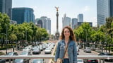 Woman in denim jacket posing in front of Mexico City's Angel of Independence monument and skyline